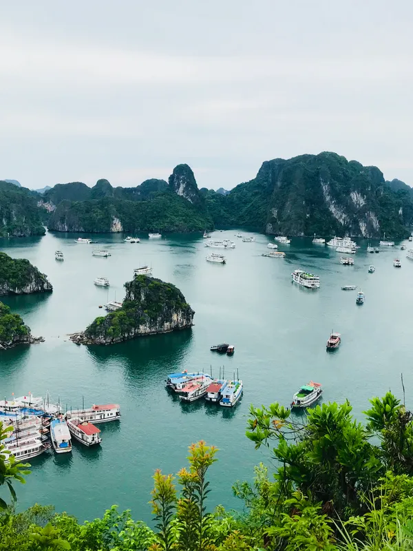 Tour boats anchored among the forested limestone karst islands of Ha Long Bay, Vietnam, under a soft overcast sky