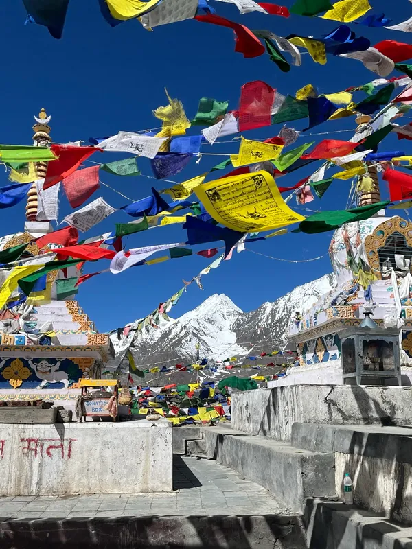 Whitewashed Tibetan Buddhist stupas strung with hundreds of colorful prayer flags, framing snow-capped Himalayan peaks under a deep blue sky in Ladakh